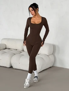 SHEIN PETITE Women's Solid Color Square Neck Long Sleeve Casual Jumpsuit - Coffee Brown - View 12