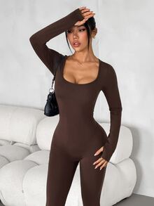 SHEIN PETITE Women's Solid Color Square Neck Long Sleeve Casual Jumpsuit - Coffee Brown - View 8