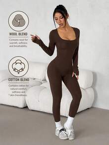 SHEIN PETITE Women's Solid Color Square Neck Long Sleeve Casual Jumpsuit - Coffee Brown - View 3