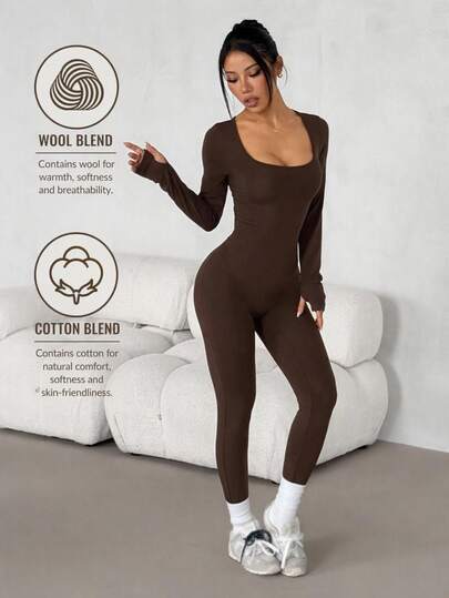 SHEIN PETITE Women's Solid Color Square Neck Long Sleeve Casual Jumpsuit