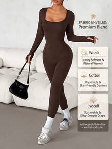 SHEIN PETITE Women's Solid Color Square Neck Long Sleeve Casual Jumpsuit - Coffee Brown - View 2
