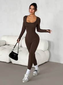 SHEIN PETITE Women's Solid Color Square Neck Long Sleeve Casual Jumpsuit - Coffee Brown - View 5