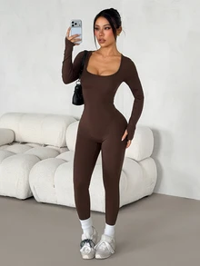 SHEIN PETITE Women's Solid Color Square Neck Long Sleeve Casual Jumpsuit - Coffee Brown - View 9