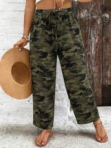 SHEIN VCAY Plus Size Women's Autumn/Winter New Camouflage Casual Pants, Suitable For Valentine's Day And Other Occasions, Commute Fashion, Striped Wide Leg Pants With Pockets - Multicolor - View 4
