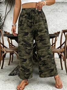 SHEIN VCAY Plus Size Women's Autumn/Winter New Camouflage Casual Pants, Suitable For Valentine's Day And Other Occasions, Commute Fashion, Striped Wide Leg Pants With Pockets - Multicolor - View 7