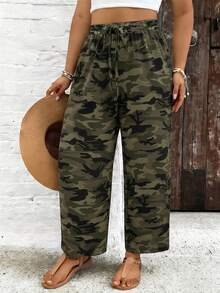 SHEIN VCAY Plus Size Women's Autumn/Winter New Camouflage Casual Pants, Suitable For Valentine's Day And Other Occasions, Commute Fashion, Striped Wide Leg Pants With Pockets - Multicolor - View 5