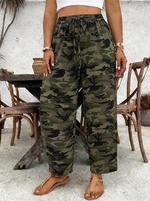 SHEIN VCAY Plus Size Women's Autumn/Winter New Camouflage Casual Pants, Suitable For Valentine's Day And Other Occasions, Commute Fashion, Striped Wide Leg Pants With Pockets - Multicolor - View 2