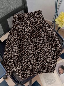 SHEIN EZwear Casual Traditional Minimalist Leopard Print Loose Hooded Open Front Plus Size Sweatshirt Autumn/Winter Fall Formal Vacation Beige - Multicolor - View 2