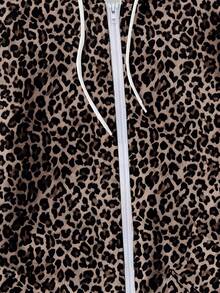 SHEIN EZwear Casual Traditional Minimalist Leopard Print Loose Hooded Open Front Plus Size Sweatshirt Autumn/Winter Fall Formal Vacation Beige - Multicolor - View 3
