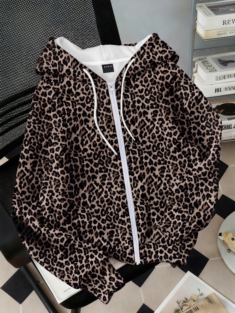 SHEIN EZwear Casual Traditional Minimalist Leopard Print Loose Hooded Open Front Plus Size Sweatshirt Autumn/Winter Fall Formal Vacation Beige - Multicolor - View 1