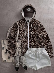 SHEIN EZwear Casual Traditional Minimalist Leopard Print Loose Hooded Open Front Plus Size Sweatshirt Autumn/Winter Fall Formal Vacation Beige - Multicolor - View 5