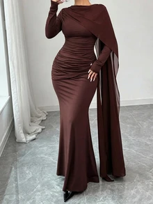Elenzga Women's Pleated Elegant Waist-Cinching Party Dress Fall - Coffee Brown - View 1