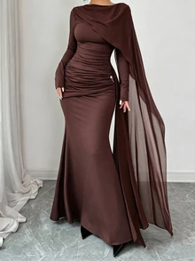 Elenzga Women's Pleated Elegant Waist-Cinching Party Dress Fall - Coffee Brown - View 3