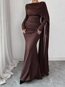 Elenzga Women's Pleated Elegant Waist-Cinching Party Dress Fall - Coffee Brown - View 6