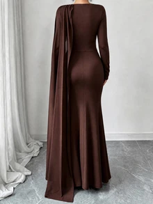Elenzga Women's Pleated Elegant Waist-Cinching Party Dress Fall - Coffee Brown - View 2