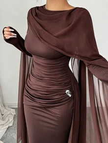 Elenzga Women's Pleated Elegant Waist-Cinching Party Dress Fall - Coffee Brown - View 5