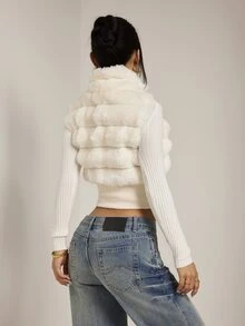 SHEIN PETITE Women's Autumn/Winter Fashion Patchwork Faux Fur Coat - White - View 2