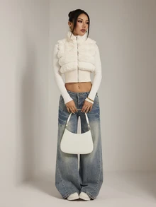 SHEIN PETITE Women's Autumn/Winter Fashion Patchwork Faux Fur Coat - White - View 7