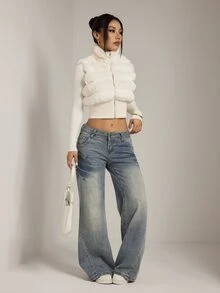 SHEIN PETITE Women's Autumn/Winter Fashion Patchwork Faux Fur Coat - White - View 4