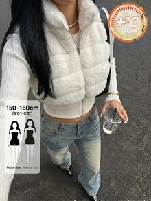 SHEIN PETITE Women's Autumn/Winter Fashion Patchwork Faux Fur Coat - White - View 5