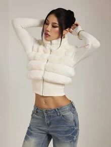 SHEIN PETITE Women's Autumn/Winter Fashion Patchwork Faux Fur Coat - White - View 6