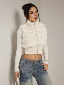 SHEIN PETITE Women's Autumn/Winter Fashion Patchwork Faux Fur Coat - White - View 3