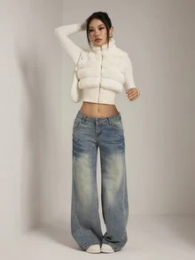 SHEIN PETITE Women's Autumn/Winter Fashion Patchwork Faux Fur Coat - White - View 8