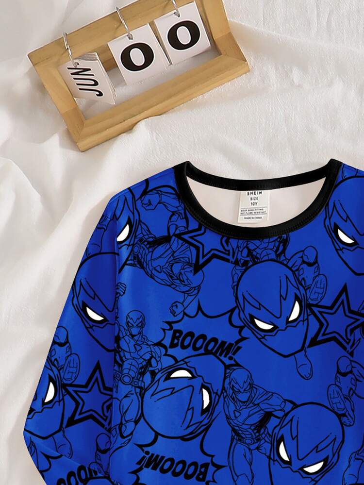 Boys' Autumn/Winter New Comfortable Printed Pattern Long Sleeve Long Pants Snug Fit Loungewear Set - Blue - View 4