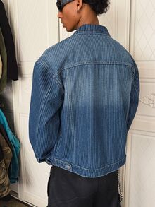 Manfinity EMRG Men's Casual Streetwear Multi-Pocket Striped Blue Denim Jacket Men Shacket - Dark Wash - View 2