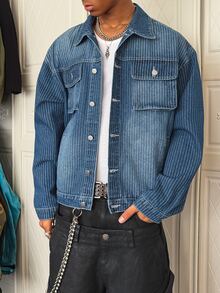 Manfinity EMRG Men's Casual Streetwear Multi-Pocket Striped Blue Denim Jacket Men Shacket - Dark Wash - View 5