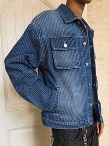 Manfinity EMRG Men's Casual Streetwear Multi-Pocket Striped Blue Denim Jacket Men Shacket - Dark Wash - View 7