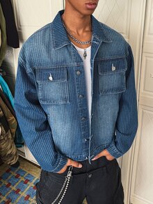 Manfinity EMRG Men's Casual Streetwear Multi-Pocket Striped Blue Denim Jacket Men Shacket - Dark Wash - View 3