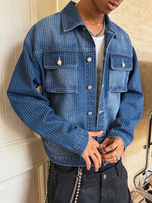 Manfinity EMRG Men's Casual Streetwear Multi-Pocket Striped Blue Denim Jacket Men Shacket - Dark Wash - View 6