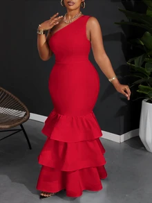 Veslaya Plus High-End Elegant Stretchy Knitted Solid Bodycon Black Patchwork Multi-Layer Ruffle Hem One-Shoulder Dress, Plus Size - Red - View 5
