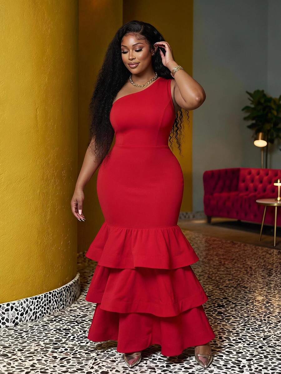Veslaya Plus High-End Elegant Stretchy Knitted Solid Bodycon Black Patchwork Multi-Layer Ruffle Hem One-Shoulder Dress, Plus Size