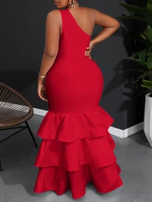 Veslaya Plus High-End Elegant Stretchy Knitted Solid Bodycon Black Patchwork Multi-Layer Ruffle Hem One-Shoulder Dress, Plus Size - Red - View 3