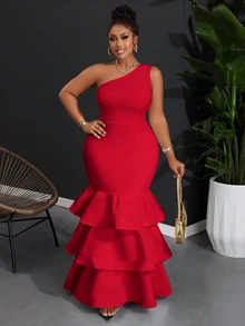 Veslaya Plus High-End Elegant Stretchy Knitted Solid Bodycon Black Patchwork Multi-Layer Ruffle Hem One-Shoulder Dress, Plus Size - Red - View 4