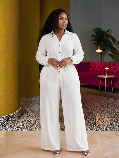 Slaydiva Plus Size White Casual Jumpsuit Romper,Silky Autumn Vacation Pleated Wide Leg Shirt Blouse With Front Button And Tie Waist,Spring Summer Daily Wear