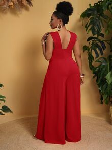 Veslaya Plus Size Solid Color Pocket Open Back Minimalist Jumpsuit, Casual For Everyday Wear - Red - View 2