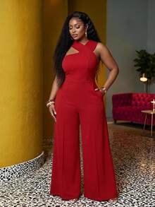 Veslaya Plus Size Solid Color Pocket Open Back Minimalist Jumpsuit, Casual For Everyday Wear - Red - View 1