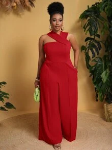 Veslaya Plus Size Solid Color Pocket Open Back Minimalist Jumpsuit, Casual For Everyday Wear - Red - View 5