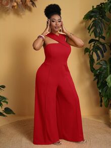 Veslaya Plus Size Solid Color Pocket Open Back Minimalist Jumpsuit, Casual For Everyday Wear - Red - View 3