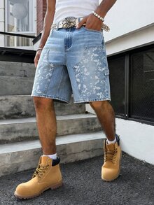 Manfinity EMRG Men's Hip Hop Streetwear Patchwork Design Washed Blue Denim Cargo Shorts - Light Wash - View 3