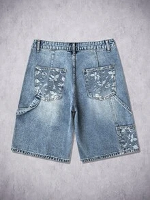Manfinity EMRG Men's Hip Hop Streetwear Patchwork Design Washed Blue Denim Cargo Shorts - Light Wash - View 2