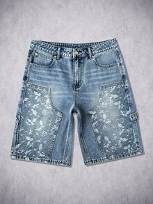 Manfinity EMRG Men's Hip Hop Streetwear Patchwork Design Washed Blue Denim Cargo Shorts - Light Wash - View 4