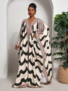 Veslaya Women's Retro Printed Kaftan Dress, Plus Size Boho Boubou Resort Wear, Black Summer Al-Adha Tea Party Formal Elegant Swimsuit Cover-Up, Navarra - Multicolor - View 4