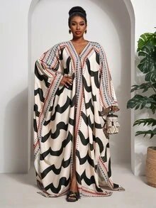Veslaya Women's Retro Printed Kaftan Dress, Plus Size Boho Boubou Resort Wear, Black Summer Al-Adha Tea Party Formal Elegant Swimsuit Cover-Up, Navarra - Multicolor - View 5