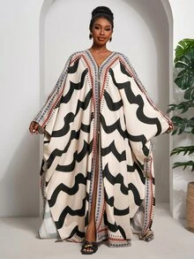 Veslaya Women's Retro Printed Kaftan Dress, Plus Size Boho Boubou Resort Wear, Black Summer Al-Adha Tea Party Formal Elegant Swimsuit Cover-Up, Navarra - Multicolor - View 3
