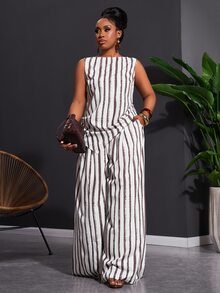 Veslaya Plus Size Women's Summer Elegant Casual Sailor Allover White Silky Round Neck Sleeveless Asymmetric Top Wide Leg Pants Two Pieces Set Brunch Going Out - Brown - View 6