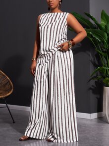Veslaya Plus Size Women's Summer Elegant Casual Sailor Allover White Silky Round Neck Sleeveless Asymmetric Top Wide Leg Pants Two Pieces Set Brunch Going Out - Brown - View 5